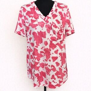Lovely Melody Pink White Cow Print V-Neck Tee Size M NWOT